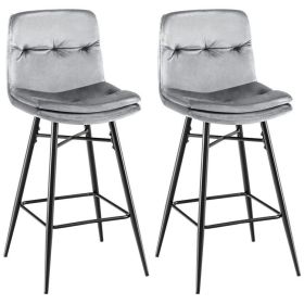 2 Pieces 29 Inch Velvet Bbar Stools Set with Tufted Back and Footrests (Color: Gray)