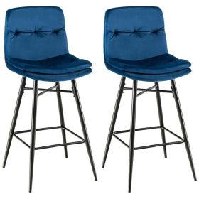 2 Pieces 29 Inch Velvet Bbar Stools Set with Tufted Back and Footrests (Color: Blue)