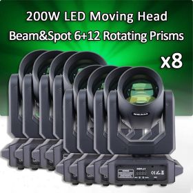 8Pcs/Lot Yuer 200W 6 Color Rainbow Effect+12 Gobos Led Moving Head Light Beam Spot 6+12Prisms Disco DJ Wedding Party Lighting (Color: 8Pcs Carton Case, Plug Type: US PLUG)