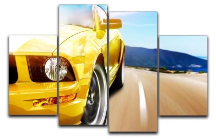 Yellow sport car 4 Split Panel Canvas (Type: Standard Framed Canvas Print (Split-Panel), size: 35" x 22" / 89cm x 56cm (Approx))