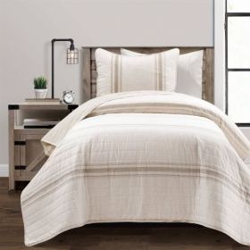 Twin/Twin XL Grey Off-White 2 Piece Stripe Reversible Cotton Quilt Set (Color: beige, size: twin-XL)