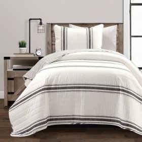 Twin/Twin XL Grey Off-White 2 Piece Stripe Reversible Cotton Quilt Set (Color: Black, size: twin-XL)