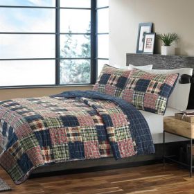 Twin size Farmhouse Red Navy Plaid 100-Percent Cotton Reversible Quilt Set (size: Full-queen)