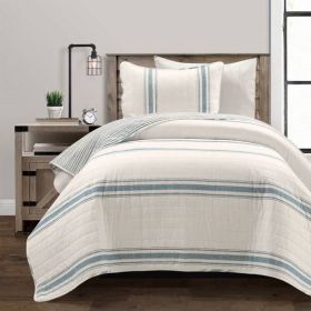 Twin/Twin XL Grey Off-White 2 Piece Stripe Reversible Cotton Quilt Set (Color: blue/off white, size: twin-XL)